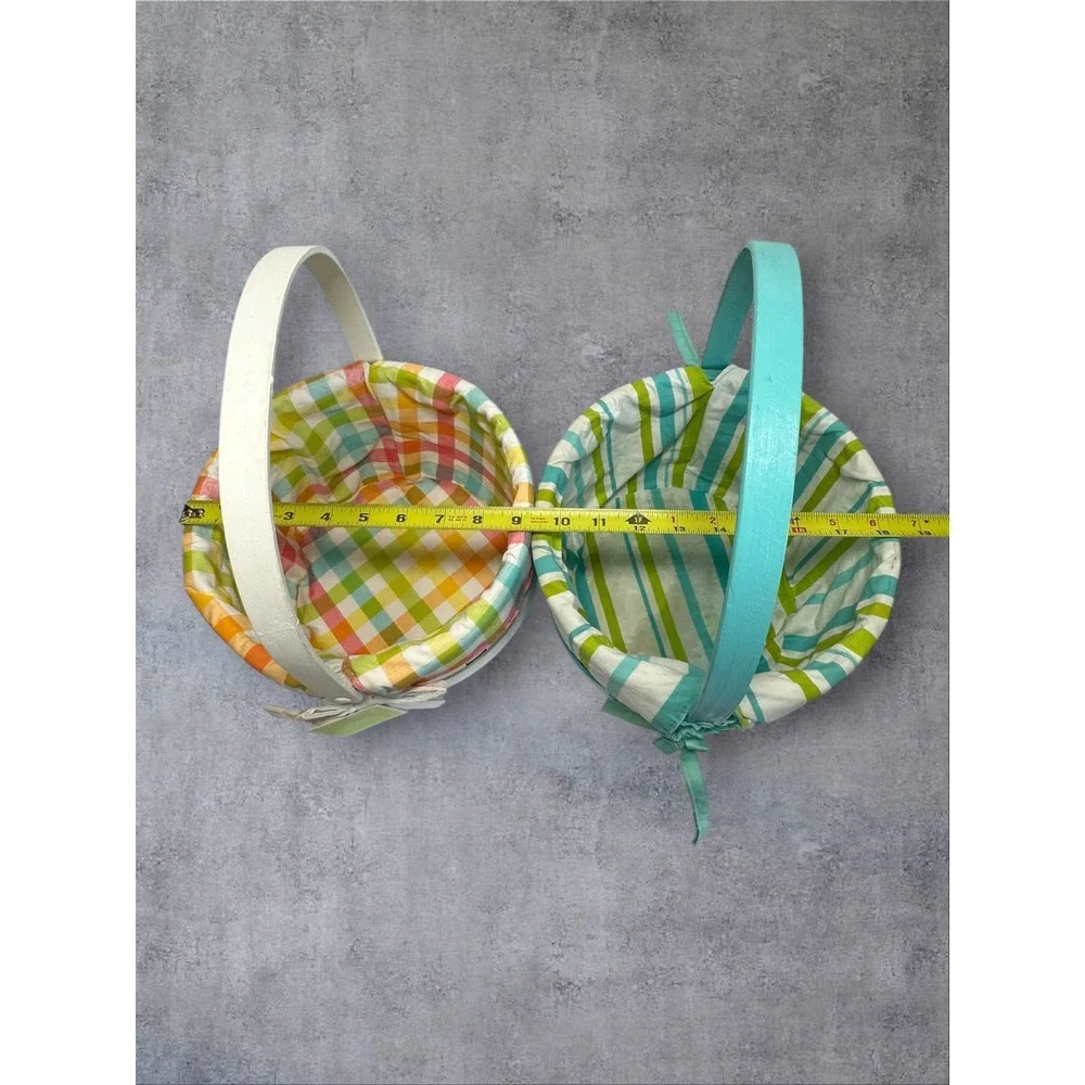 Baskets and Grass Easter Basket Set of 2 Kids White Teal Gingham Striped Slats